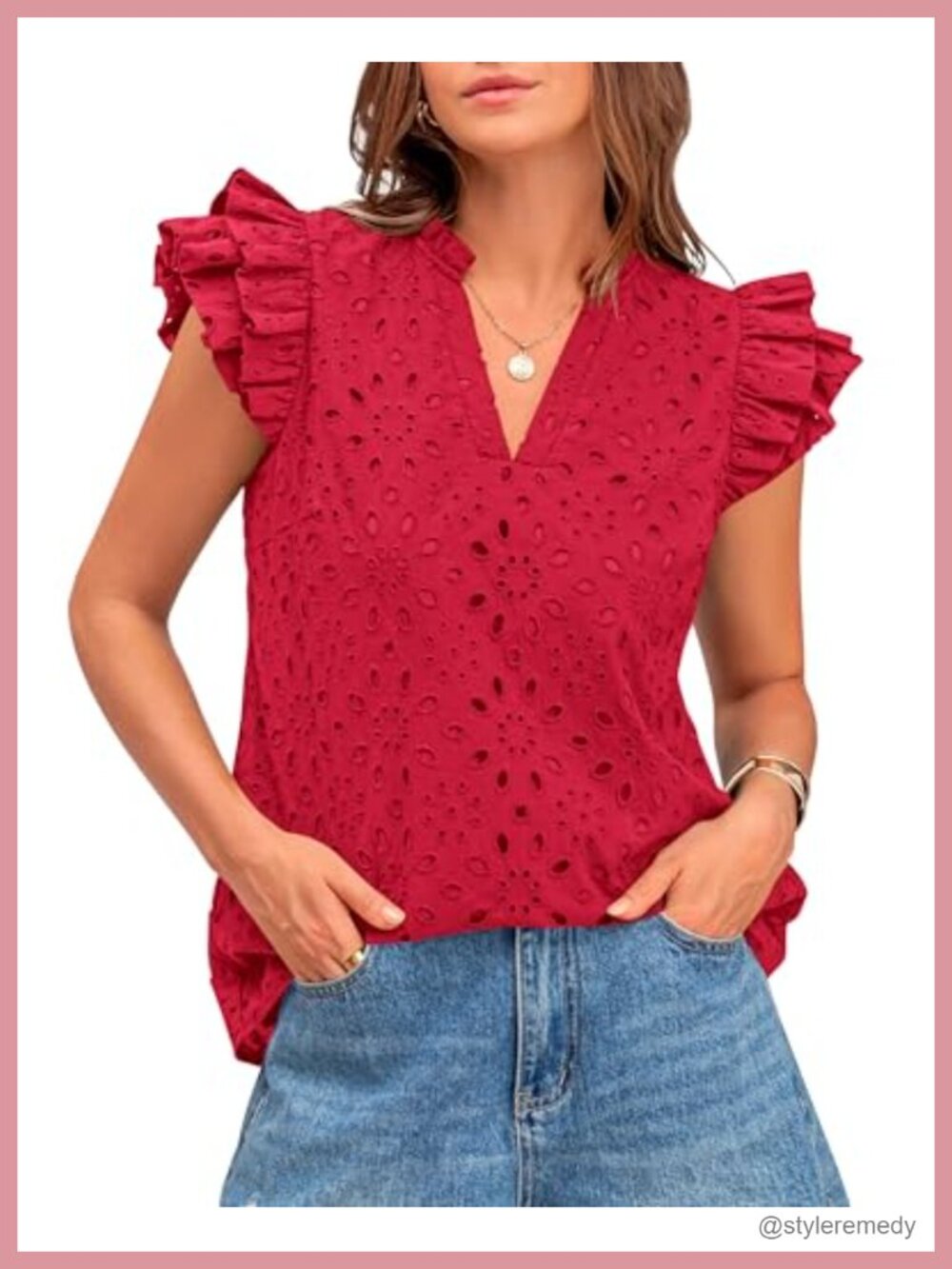 Eyelet Embroidered Tunic Blouse V Neck Cap Sleeve Dressy Casual Top